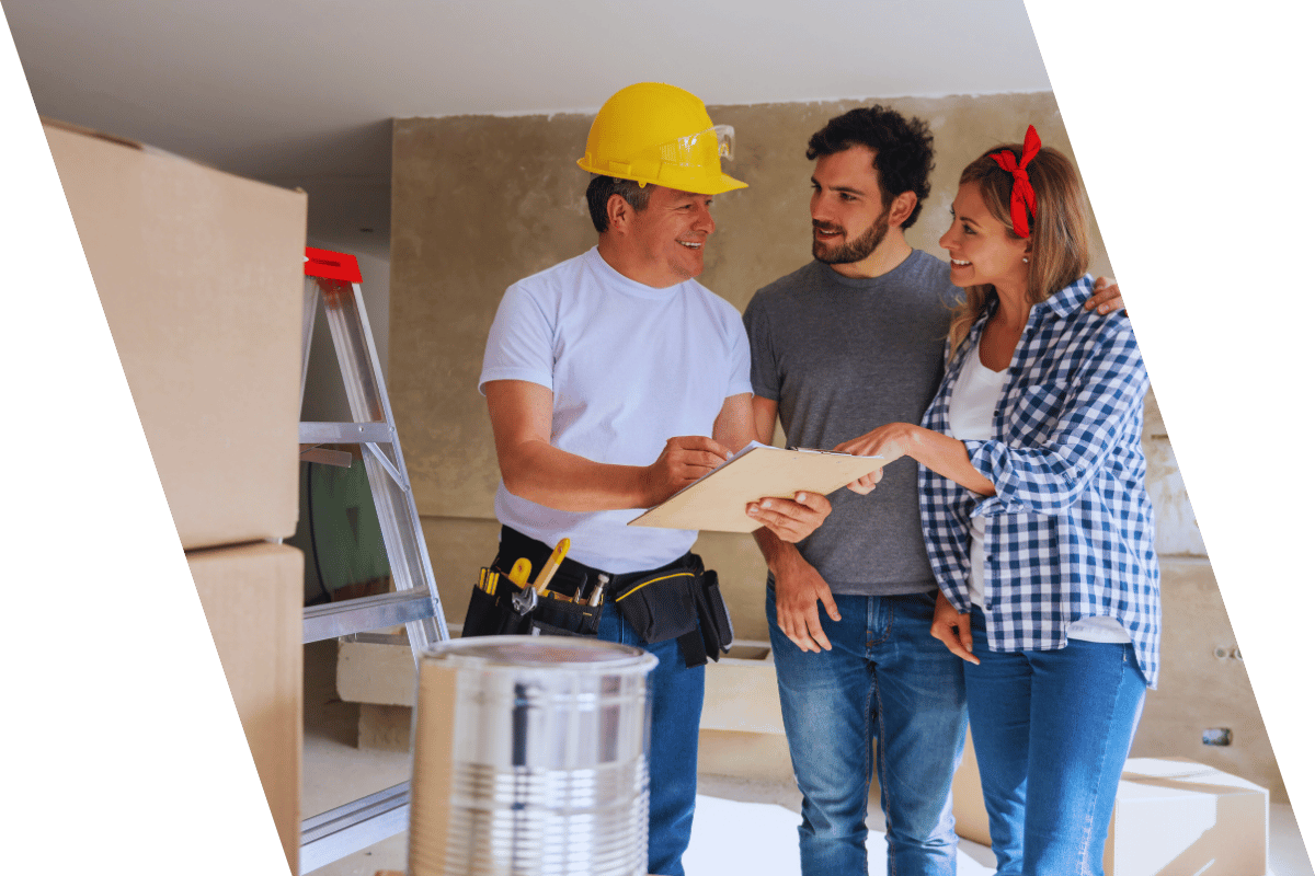 discussing basement remodeling plans in a stylish, functional room.